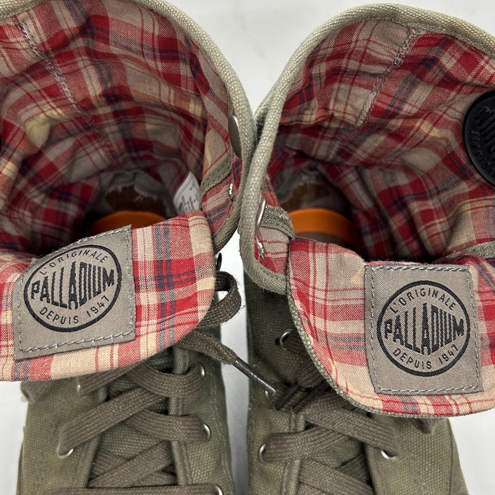 Palladium Baggy Olive Canvas w Red Plaid Fold Over Lace-Up Boots - Men’s Size 9 - Picture 8 of 12